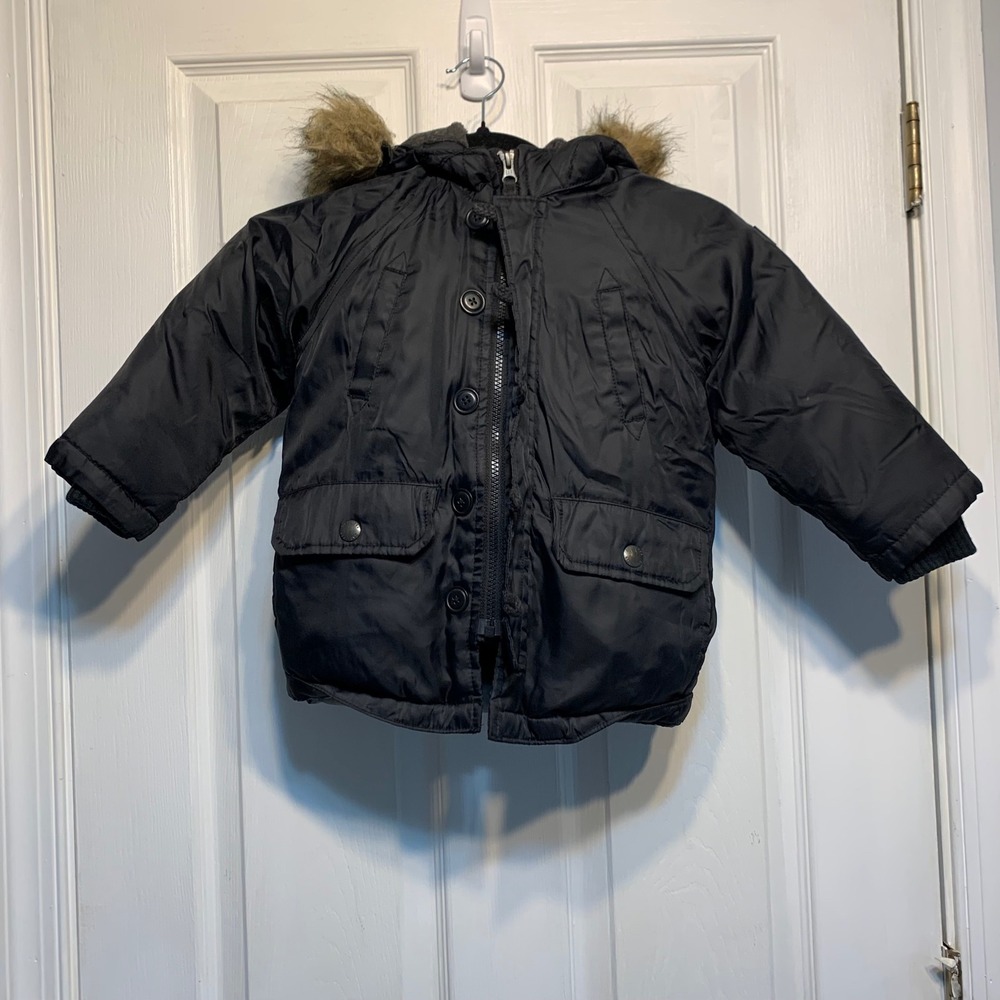 Baby Gap Parka 3T Black Faux Fur Trim Down Fill Hooded Puffer Jacket Coat
